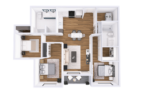 A detailed 3D floor plan of a house layout.